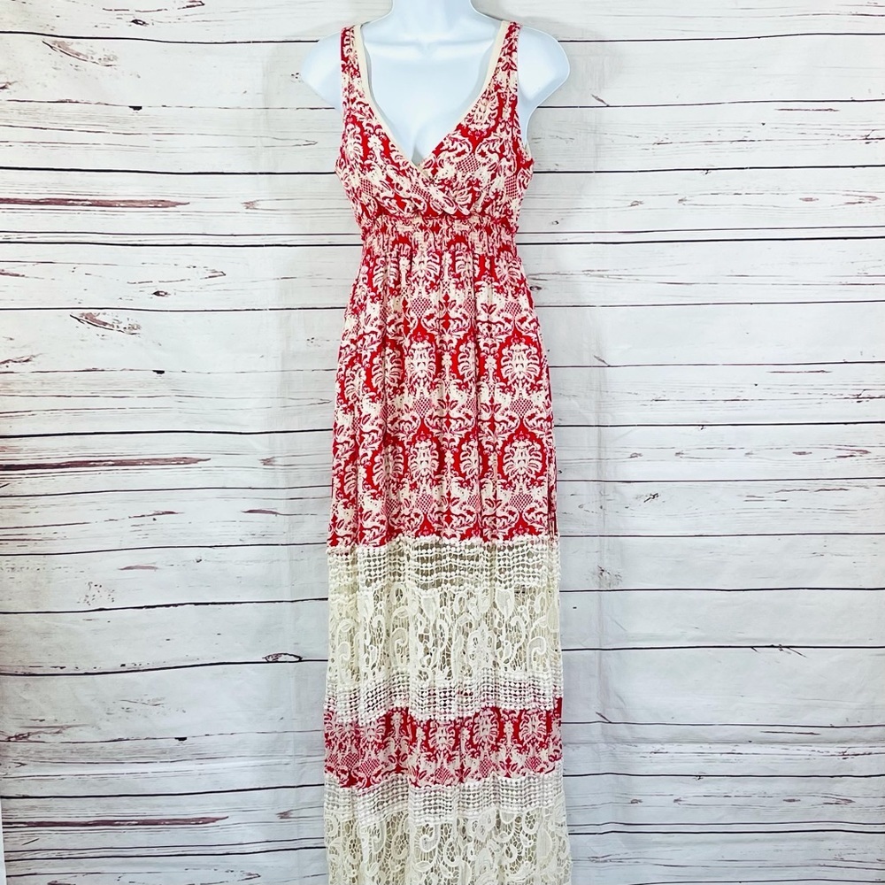 Sunday Inโ Brooklyn Womens Sleeveless Max Dress Beige/ Red Crochet Size S